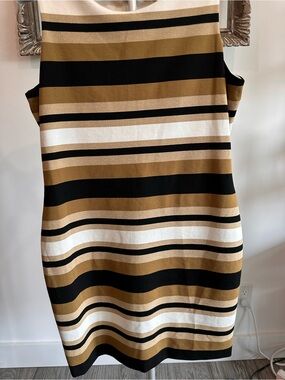 Calvin Klein Sleeveless Striped Shift Dress in Black, White & Tan